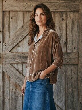 Free People X CP Shades Velvet Button-Down Shirt in Warm Brown